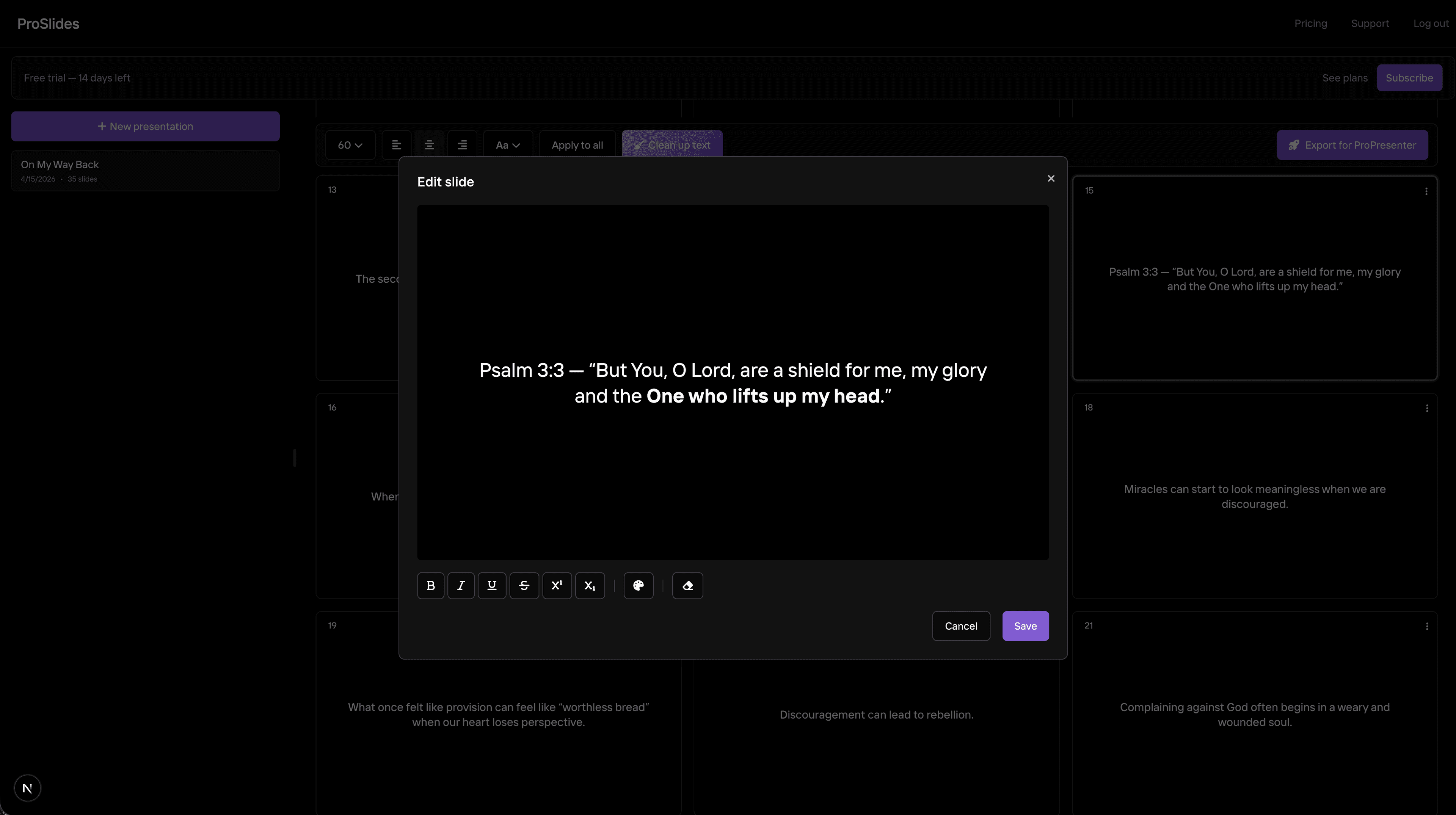 Proslide Example ProSlides — Sermon to slides in seconds